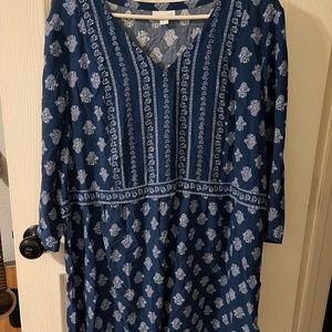 J.Jill dark blue & white Indian block print style design, empire waist, blouse.